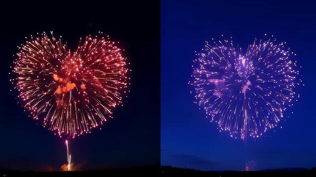 Split-screen fireworks from dual perspectives