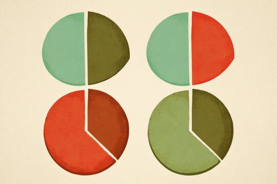 Four pie charts, arranged in a grid pattern, feature a mix of teal, burnt orange, and olive green segments. Each pie chart displays a different proportion of these colors. Vintage or retro style