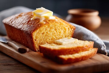 Warm golden cornbread loaf with butter displayed on a wooden cutting board
