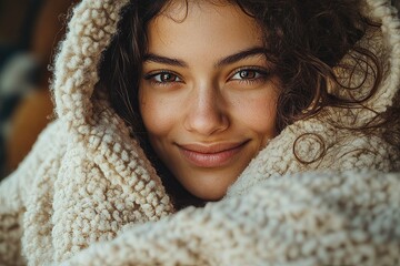 Happy woman under a blanket in cold weather in her room, feeling cozy and protected from the chilly environment, Generative AI