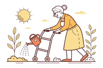 Caring Gardener Nurturing Life: A warm illustration depicting an elderly woman tending to her garden with love and care. A symbol of resilience, vitality, and the beauty of life's journey.