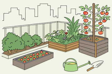 A vector illustration of a bed with potted plants near a window, enhancing interior home decor