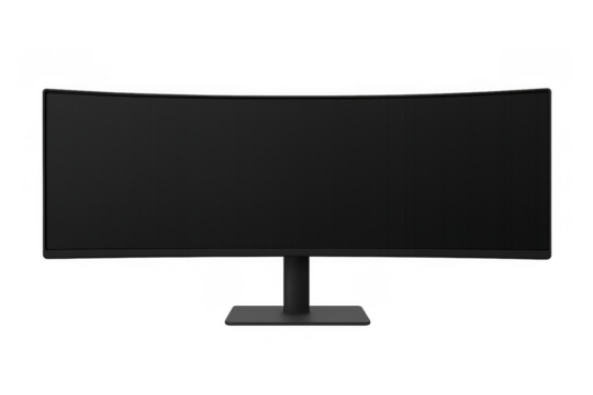 Realistic ultrawide curved computer monitor showing a blank screen on transparent background