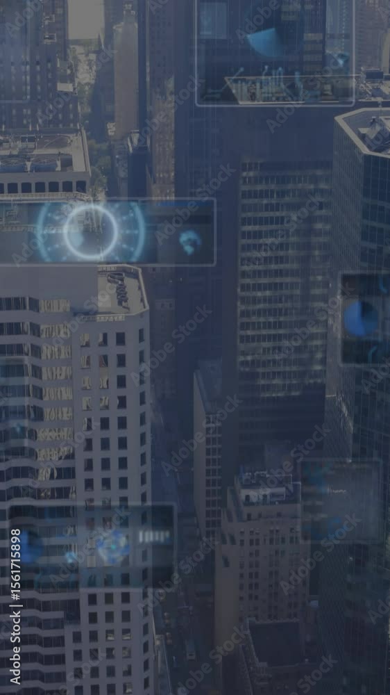 Poster animation of round scanners and data processing against aerial view of cityscape