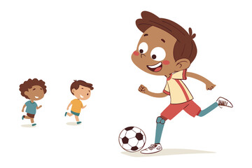 Soccer Game: Capturing a moment of youth and the love of the game. A vibrant illustration of a young boy kicking a soccer ball with two excited friends.