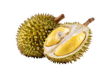 Obraz premium Close up of a whole and a cut durian fruit.