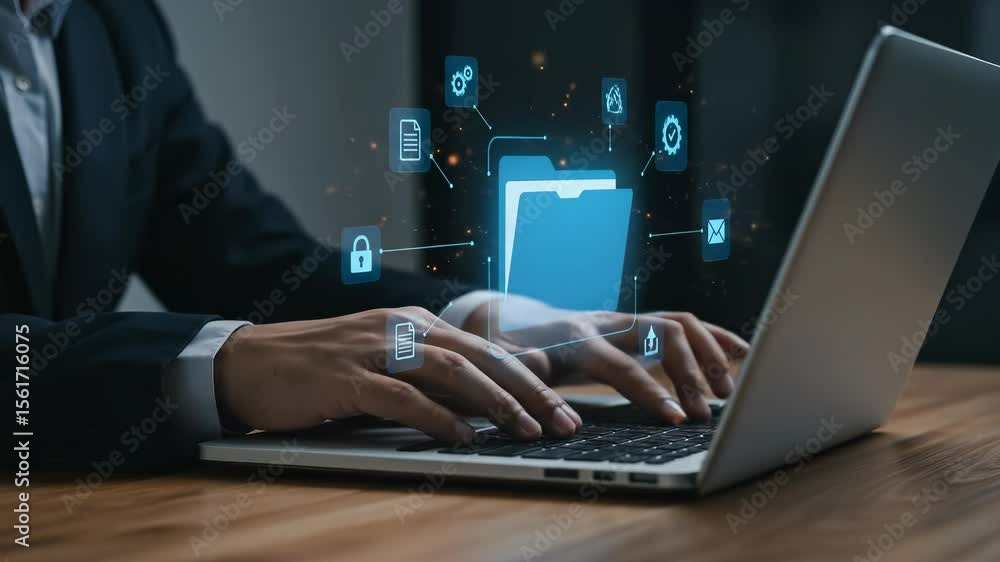 Poster data management on laptop: secure document storage, digital files, cybersecurity, cloud computing & 