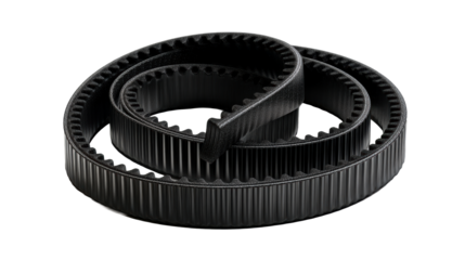 Black timing belt, cogged drive component, helical arrangement, cut out transparent