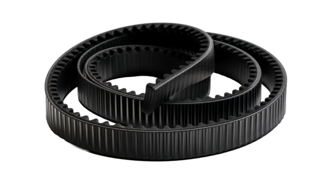 Black timing belt, cogged drive component, helical arrangement, cut out transparent