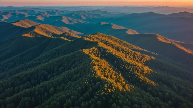 Aerial Drone View of the Scenic Blue Ridge Mountains at Sunset in North Carolina