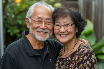 Happy senior Asian couple smiling and sharing a joyful moment together, radiating warmth and contentment, Generative AI