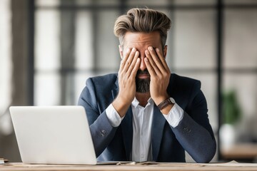 A European businessman in a suit is sitting at a desk with a laptop, covering his face with his hands and crying in an office setting.