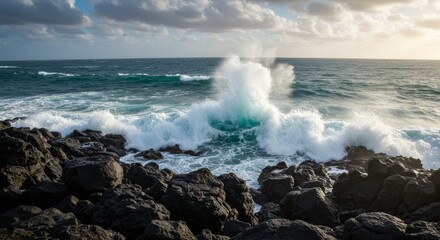 Ocean Waves Crashing on Dark Rocks