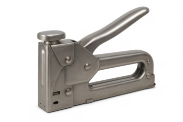 Metal staple gun on transparent background, holding and pressing tool