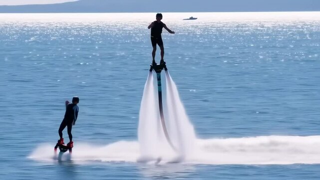 Dynamic Flyboarding Performance over Sparkling Ocean Waters on a Sunny Day