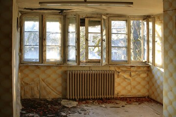 Broken old windows in a decayed room with peeling wallpaper and a rusted radiator below