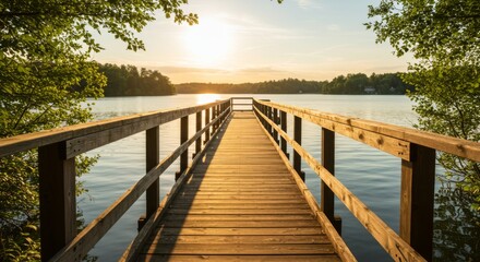 Obraz premium Serene Sunset over Calm Lake with Wooden Dock