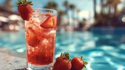 Chilled strawberry cocktail glistening with ice cubes and fresh strawberry slices, resting near sparkling blue pool waters under bright sunlight, capturing summer relaxation mood - Powered by Adobe