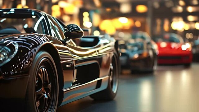 Luxurious black sports car parked in a showroom, reflecting city lights, stands out amongst other vehicles, showcasing its sleek design and high end appeal