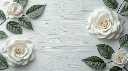 Minimalist white and green flower arrangement.
Textured white surface with decorative roses and leaves.