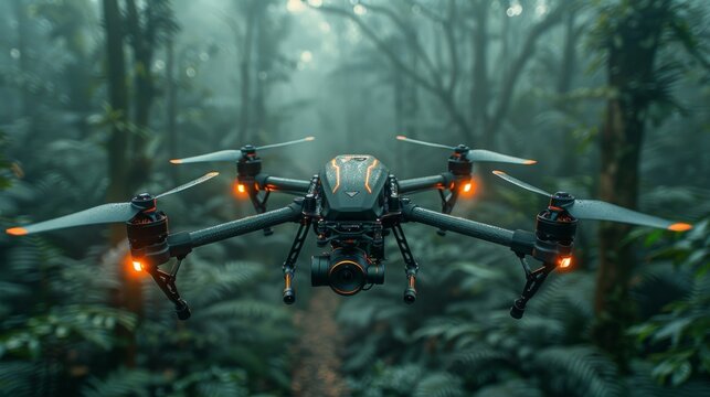 A detailed view of a drone flying over a forest, equipped with cameras and sensors for environmental monitoring. The drone is captured in mid-flight, emphasizing its role in conservation and research. - Powered by Adobe