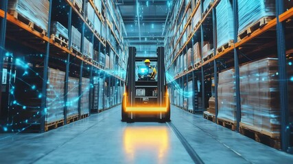 A forklift navigates through an organized warehouse filled with pallets, showcasing digital overlays and futuristic technology - Powered by Adobe