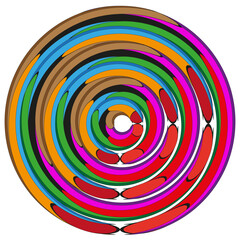 Multicoloured spiral circles. Concentric kaleidoscopic vortex. Hypnotic swirling Vector. Energetic chromatic rotation