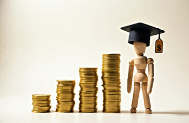 Concept financial education literacy. Wooden manikin wearing graduation hat with price tag, dollar sign. Gold coins stacks representing growing investments. Finance, banking, school tuition, future