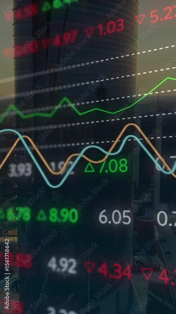 Poster animaton of statistical and stock market data processing against aerial view of cityscape