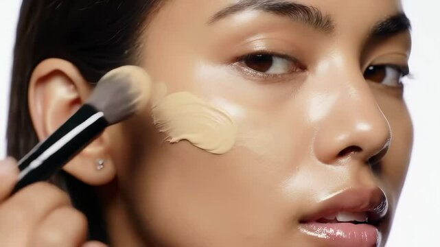 close-up of foundation brush gliding on woman&rsquo;s cheek blending creamy texture on radiant skin