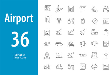 Airport Line Icons, Airplane, Passport Control, Baggage, Security Check, Departure Board, Boarding Pass, Terminal Building, and More, Editable Formats: AI, EPS, JPG, PNG, Ideal for Both Digital and Pr