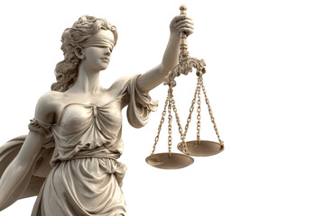 Scales of justice and statue symbolizing law and balance on white background