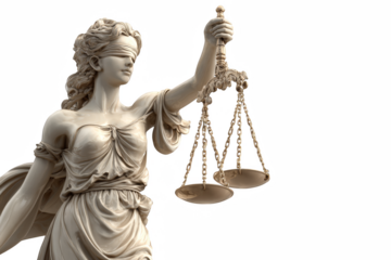 Scales of justice and statue symbolizing law and balance on white background