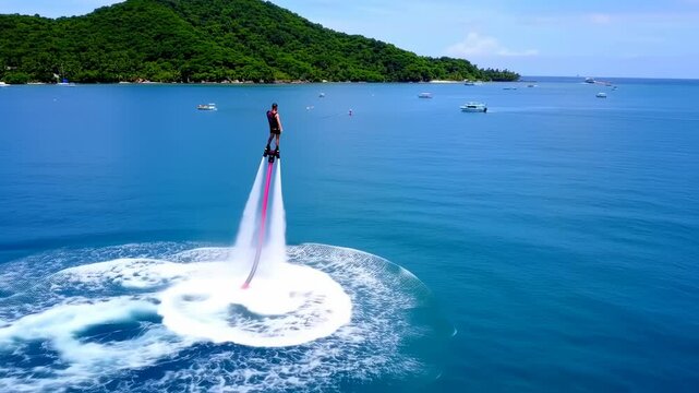 A flyboarder soars high above the azure sea on a sunny day in tropical paradise