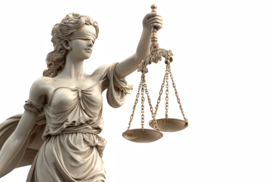 Scales of justice and statue symbolizing law and balance on white background