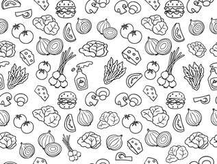 Hand-drawn doodle seamless pattern of burger ingredients: tomatoes, onions, lettuce, cheese, mushrooms, and sauce. Perfect for food-themed designs, packaging, and healthy eating promotions