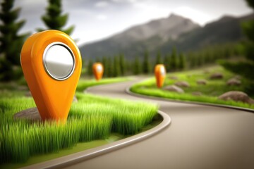 Orange map markers on a winding road through a grassy landscape, with mountains in the background
