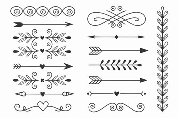 Fototapeta premium Ornamental Arrow and Swirl Dividers with Floral Accents in Elegant Hand-Drawn Black Vector. Vintage Decorative Borders for Posters, Layouts, and Invitations.