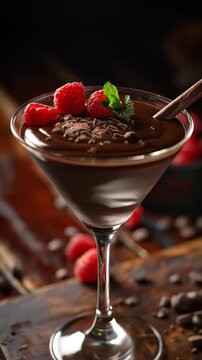 Chocolate dessert in a martini glass with raspberries and mint