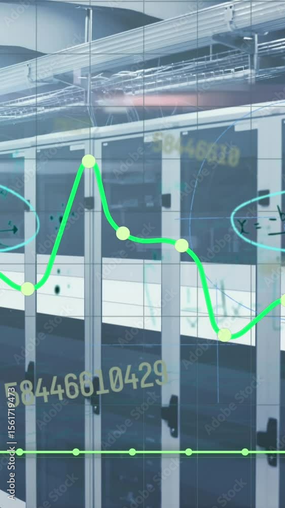 Poster animation of mathematical equations, data processing and light trails against computer server room