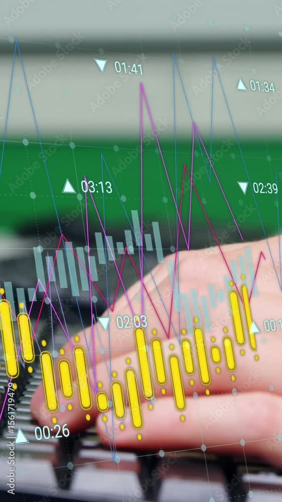 Poster animation of data processing over caucasian schoolgirl using computer