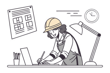 Creative Architect at Work: An architect is deeply focused on the blueprint, using a laptop, surrounded by professional tools to realize creative building designs.