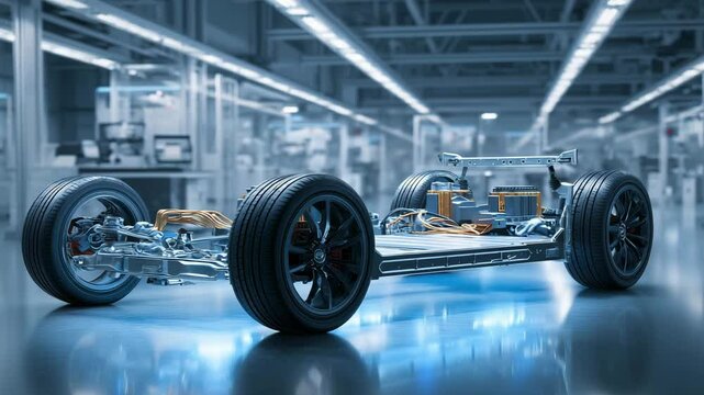 Manufacturing process of an electric vehicle chassis in a high tech factory setting with precision engineering