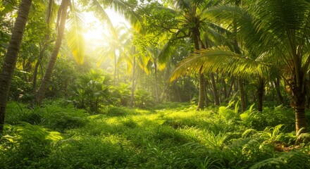 Lush Green Tropical Forest With Sunlight Streaming Through Trees