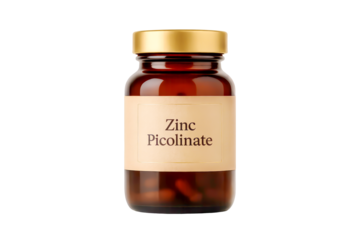 Isolated Amber Glass Bottle With Zinc Picolinate Capsules On Transparent Background. Concept Of Daily Wellness, Immune Support, Supplement Packaging, And Modern Nutrition For Healthy Lifestyle Brands