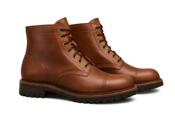 Pair of brown leather boots with laces and gold eyelets on transparent background