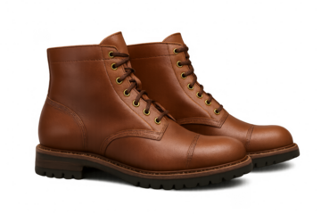 Pair of brown leather boots with laces and gold eyelets on transparent background