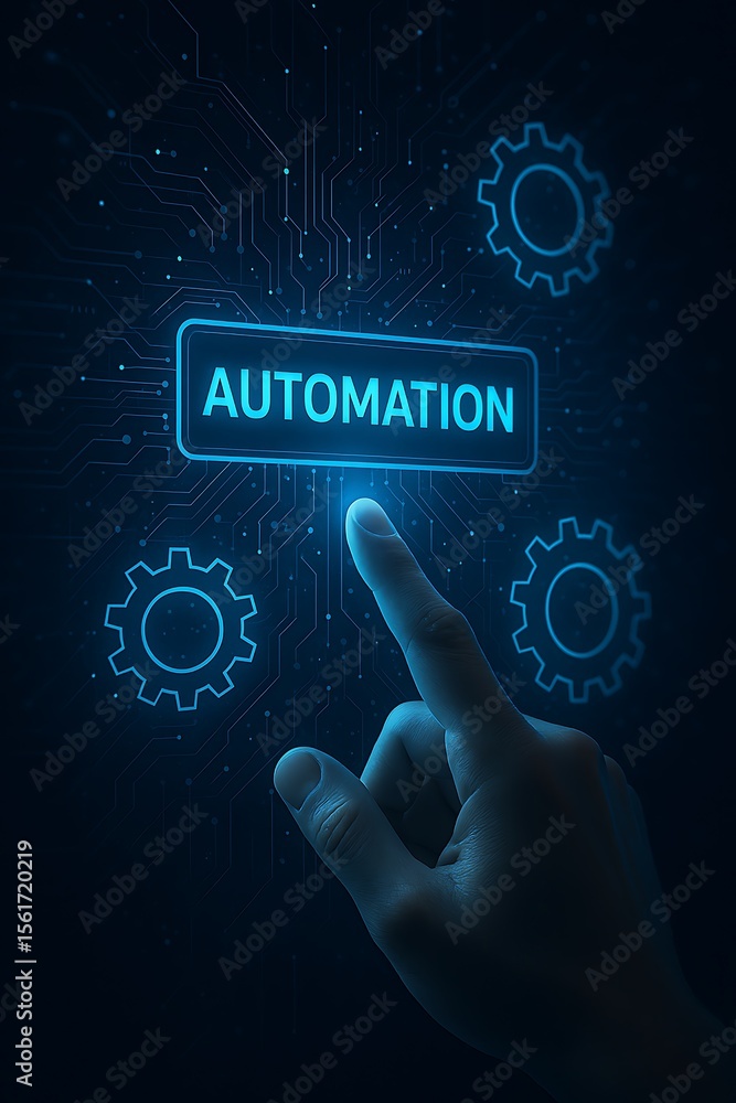 Poster digital hand interacts with an illuminated 'automation' button, set against a technology backdrop.