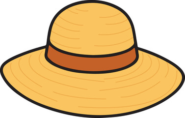 Wide-Brimmed Straw Hat Hand-Drawn Vector Illustration, Summer Sun Protection Accessory