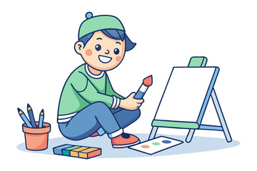 Young Artist's Artistic Journey: Captivating illustration of a young artist at work, brush in hand, ready to paint on the easel, depicting the beauty of creativity.